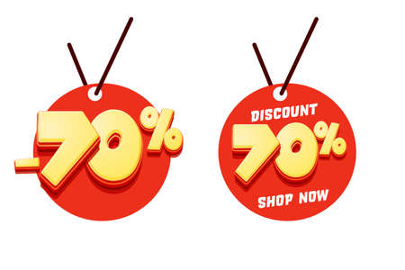 Red sale tag template set. 70 percent off discount promotion. Wholesale clearance, shop with special offer advertisement. Sale tag vector illustration cartoon style design isolated on white backgroundのイラスト素材