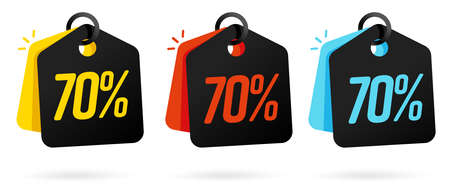 70 percent off price tag. Product badge set. Discount label vector illustration isolated on white...