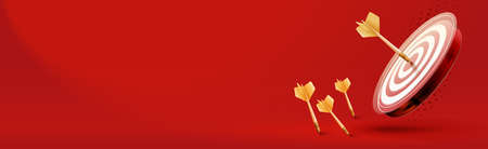 Goal achievement website header page concept. Archery target on red banner copy space. Business,...