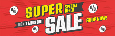 Super sale banner. Special offer promotion. Marketing sale campaign advertisement for website or social media online shopping. Comic popart style design vector illustrationのイラスト素材