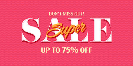 Super sale banner template. Up to 75 percent price off promotion. Great discount advertisement. Special offer for shopping announcement. Super sale banner vector illustrationのイラスト素材