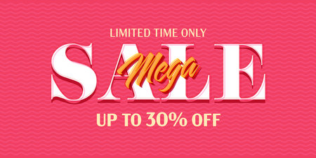 Mega sale banner template. Up to 30 percent price off promotion. Mega discount advertisement. Sale poster with special offer for shopping vector illustration. Marketing and ecommerceのイラスト素材