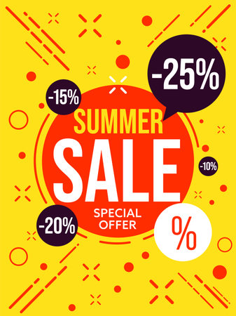 Summer sale banner template with special offer. Poster, voucher, coupon with 25, 20, 15 percent discount for social media online campaign vector illustrationのイラスト素材