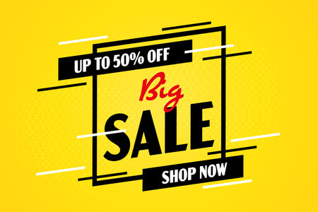 Big sale banner template. Special offer up to 50 percent off. Half price discount advertising on yellow background vector illustration. Marketing big sale announcementのイラスト素材