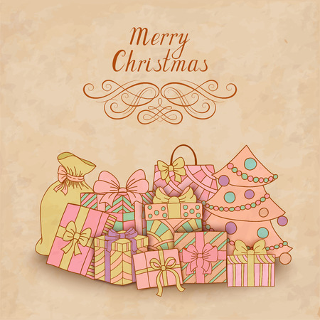 Vintage Christmas card with gift boxes. Christmas backgroundのイラスト素材