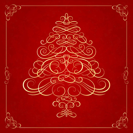 Calligraphy Christmas tree on red background. Vector illustrationのイラスト素材