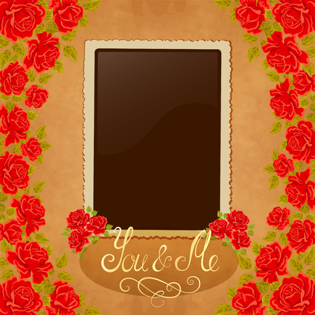 Page of photo album. Vintage background with old paper, photoframe, and red roses. Perfect for your holiday layout. Just insert your pics.のイラスト素材