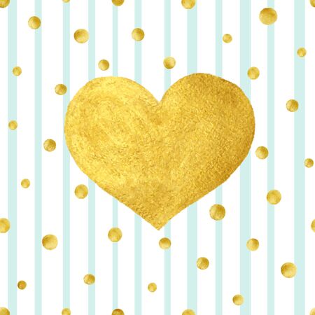 Heart Love Gold Watercolor Texture Paint Stain. Golden design element. Gold confetti seamless pattern on stripe backgroundのイラスト素材