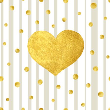 Heart Love Gold Watercolor Texture Paint Stain. Golden design element. Gold confetti seamless pattern on stripe backgroundのイラスト素材