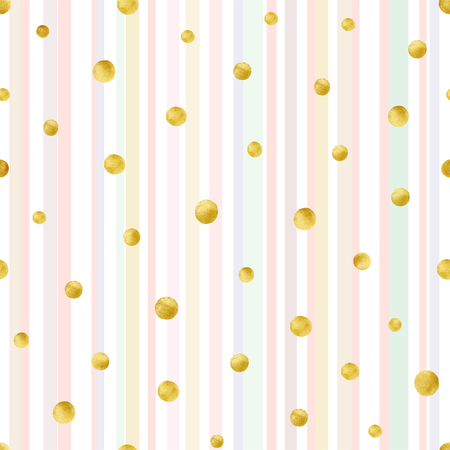 Seamless pattern with hand painted gold circles. Gold polka dot pattern. Gold confetti seamless pattern on stripe backgroundのイラスト素材