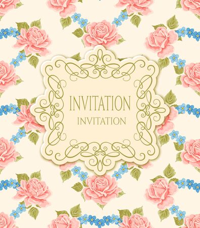 Invitation card template with roses. Calligraphy elements. label.のイラスト素材