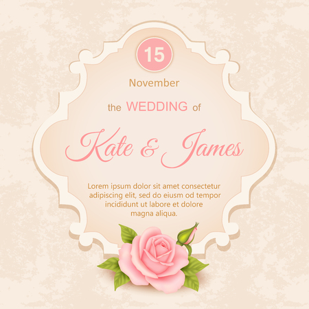 Illustration of vintage wedding invitation with roses in beige background.のイラスト素材