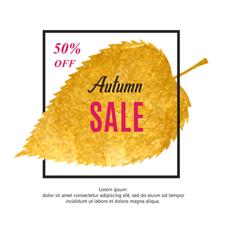 Autumn sale banner with black frame and gold leaf.のイラスト素材