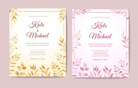 Vector Botanical design cards with leaves. Templates for wedding invitation, greeting card, banner, flyer, poster, save the dateのイラスト素材