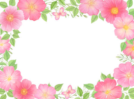 Wild rose flowers card template. Floral rectangular border frame.の写真素材