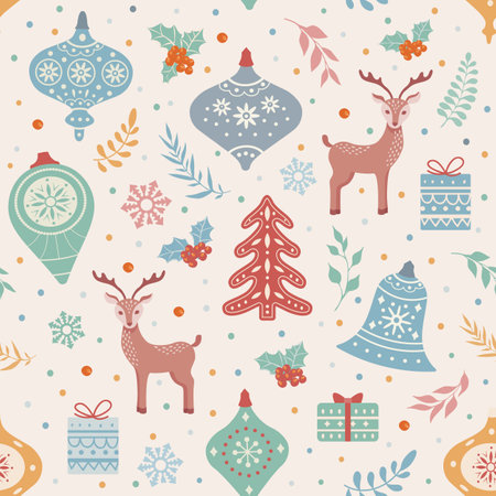 Christmas and Happy New Year seamless pattern with Christmas toys and gifts. Trendy retro style. Vector design templateのイラスト素材