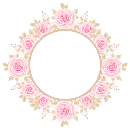 Flower pink rose, green leaves. Floral poster, invite. Vector floral round frameのイラスト素材