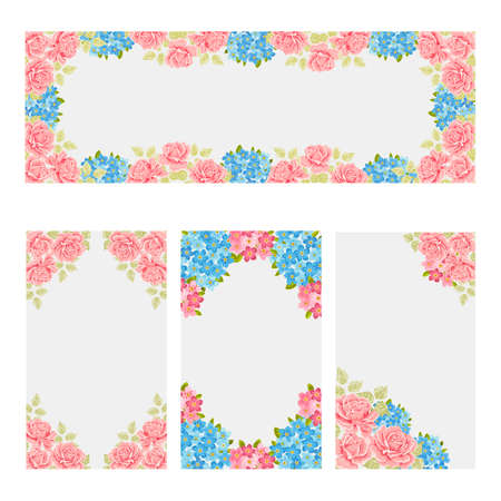 Floral Banners set with pink roses blue flowers. Vector illustration.のイラスト素材