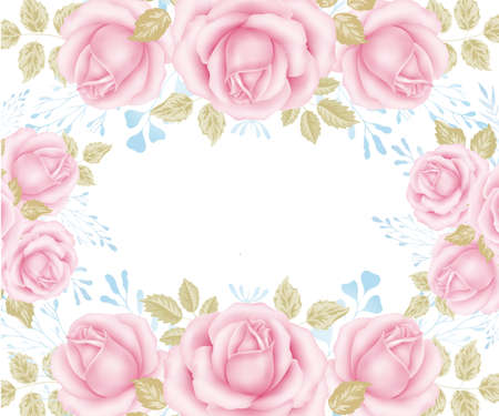 Flower pink rose, green leaves. Floral poster, invite, mothers day greeting card. Vector backgroundのイラスト素材