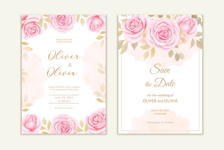 Beautiful floral wedding invitation card template. Elegant vector roses cardsの写真素材