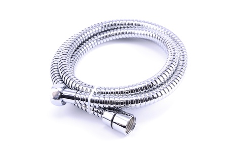 Water hose isolated on white background,chrome plated shower pipeの写真素材
