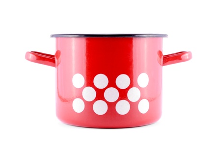Red pot with white spots isolated on a white backgroundの写真素材
