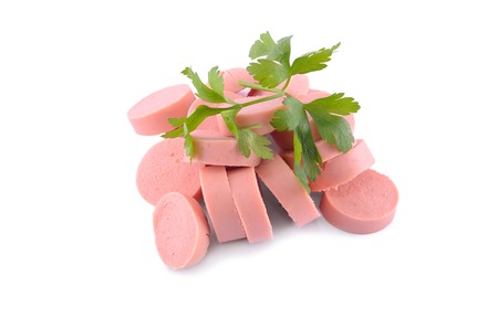 Tasty traditional pork sausages frankfurter snack isolated on whiteの写真素材