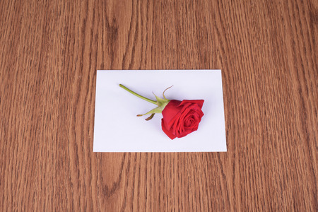 Red rose on message paper a wooden background