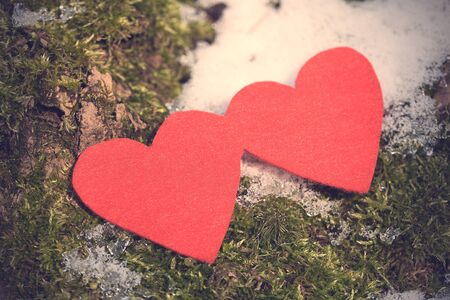 Red heart shapes on snow a winters dayの写真素材