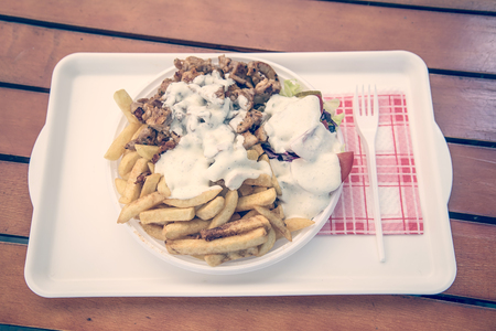 Vintage photo of greek gyros on woodenの写真素材