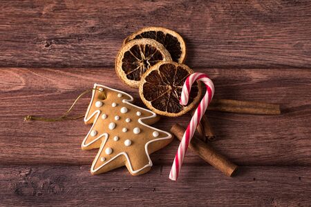 Christmas symbols on a wooden background