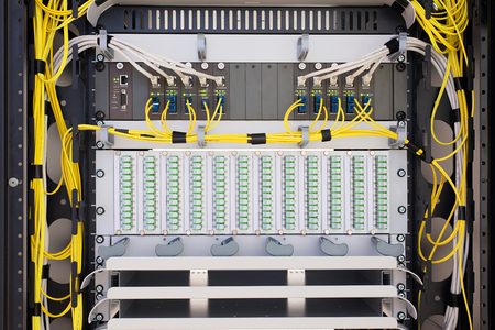 Optical cable in rack cabinet. Closeup photo