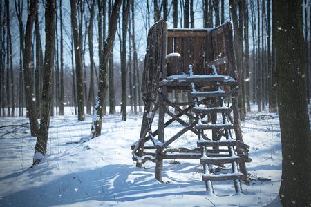 Hunting tower in the winter forest a snowy dayの写真素材