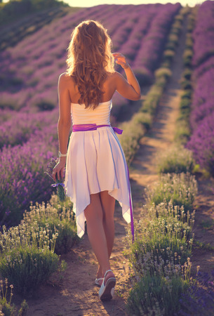 Young woman a white dress in lavender fieldの写真素材