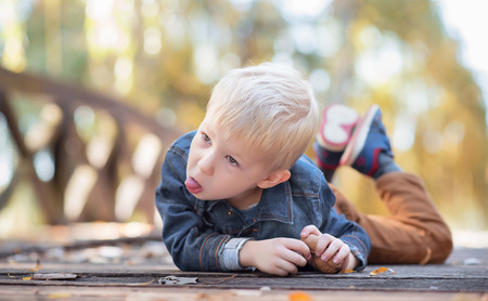 Adorable little boy on the wooden bridge in the nature