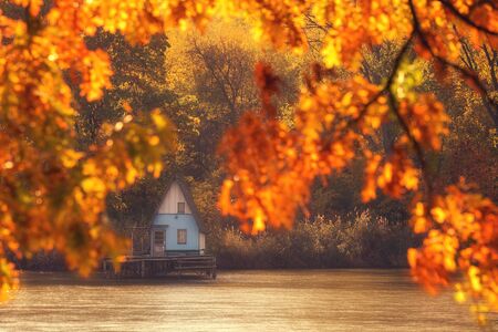 Wooden house in autumn nature, near the lakeの写真素材
