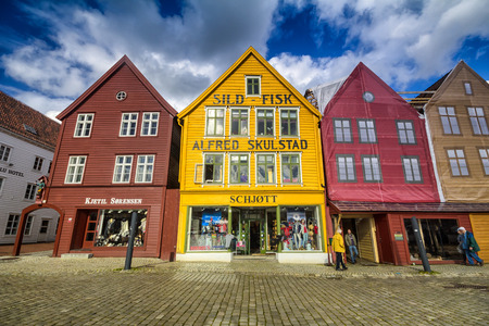 Famous Bryggen street in Bergen, Norwayのeditorial素材
