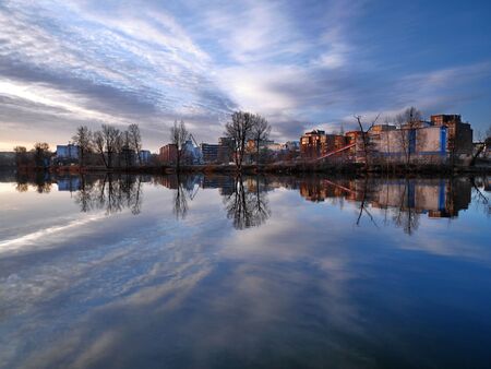 Morning river Vltava in Prague district Holesoviceの写真素材