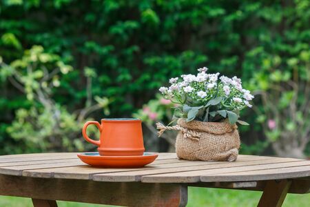 Cup of coffee and flowers on the wooden table with tree in background.Focus on the cup.の写真素材