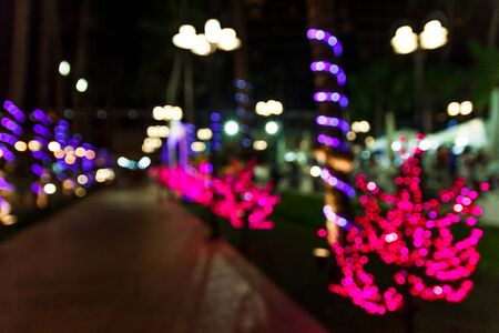 Bokeh of light on the tree at night along the road.