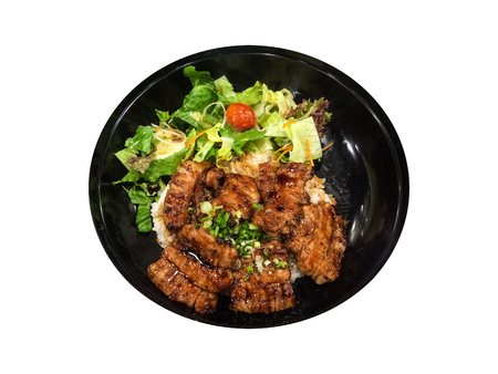 Isolated grilled pork on rice, japanese style.の写真素材