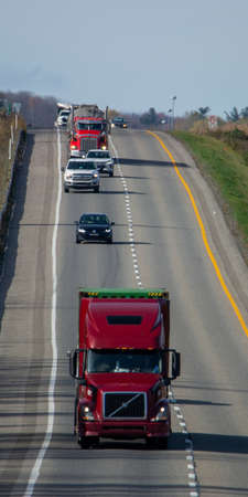 Truck transport on the highway, Magog, QuÃ©bec, Canada, October 27 2021