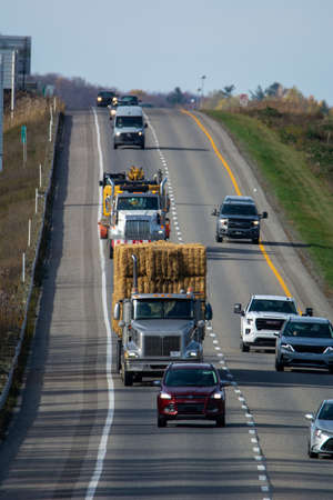 Truck transport on the highway, Magog, QuÃ©bec, Canada, October 27 2021