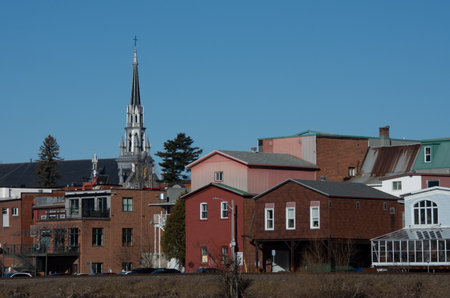 View of the backyard of the buildings on the main street of Magog from the other side of the river December 14 2021のeditorial素材