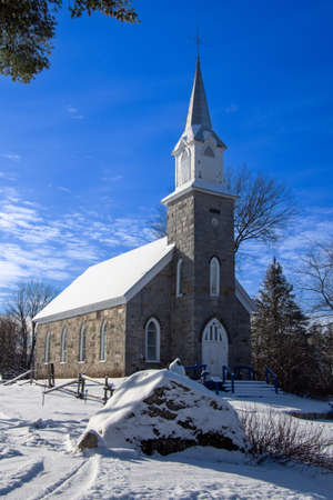 Frost Church. Magnificent little stone church in Shefford, Quebec, Canada, December 20 2021のeditorial素材
