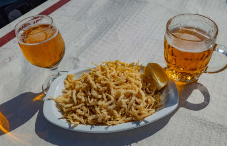 Excellent fried dog fish dish served with beer on the beach in Benalmadena, Andalusia, Spainの写真素材
