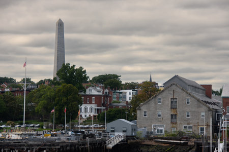 View of Boston's Bunker Hill monument from the city's harborの写真素材