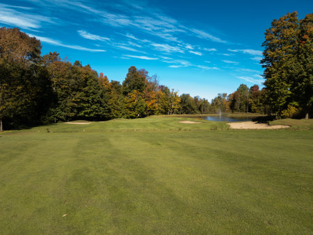 Nice view on a Canadian golf club at fall in the province of Quebecの写真素材