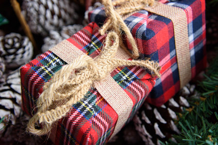 Gift at the foot of the Christmas tree ready to be openedの写真素材