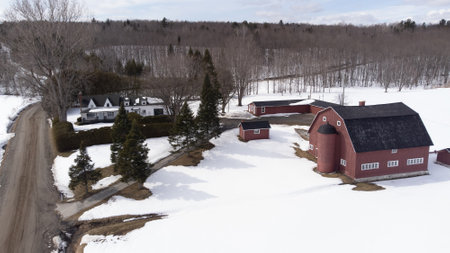 Flight over a farm in the Canadian countryside in Estrie, Quebec.の写真素材